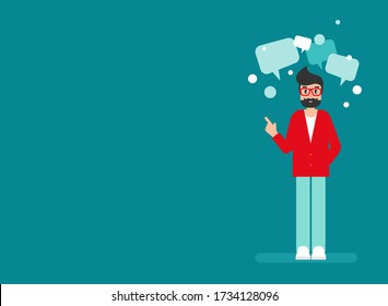 man with speech bubbles on blue background. Talk, chat message, communicate, messenger concept . flat vector illustration  on white background. Hints and tints. Questions and answers.