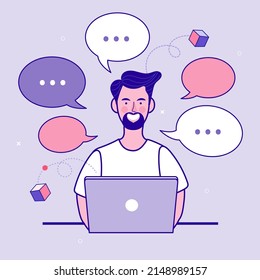 Hombre con burbujas de habla. Comunicación en línea en redes sociales y medios. hombre que envía y recibe mensajes de Internet en el portátil. Concepto de marketing de referencia. Consulte un programa de fidelización de Amigo. vector