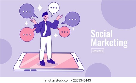 Man with speech bubbles. Online communication on social network and media. man sending and receiving Internet messages on mobile. Referral marketing concept. Refer A Friend loyalty program. vector