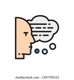 Man With Speech Bubbles, Thoughts, Conversation, Voice Recognition, Reading Aloud Flat Color Icon.