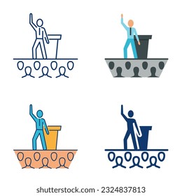 Mann mit einem Sprachsymbol im flachen und Linienstil. Politische Leistung, öffentliche Erklärung. Vektorgrafik.
