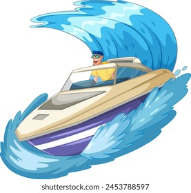 Man in speedboat riding a large blue wave