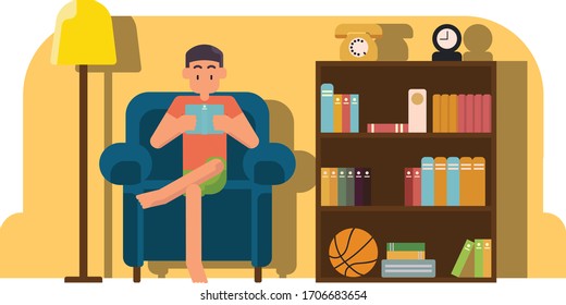 A man spend his time with reading books at home