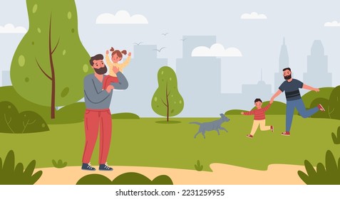 Man spend time with children. Person holding daughter on shoulder, dad running with son and playing with dog. Fatherhood entertainment. Parent and kids walking in park vector illustration