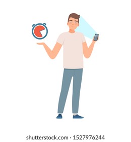 Man spend a lot of time sufering the phone vector illustration