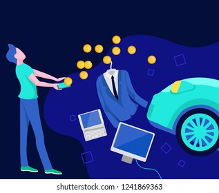 Man spend web coins on the goods. Cryptocurrency concept vector illustration in modern flat design on the deep blue background. Consumerism  concept.