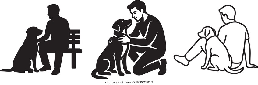 Man spending quality time with loyal canine friend featuring solid black and outlined art variations.