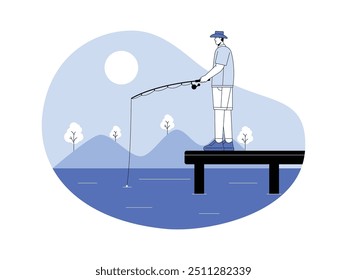 A man spends his free time fishing, water, blue, semi outline style, vector illustration.