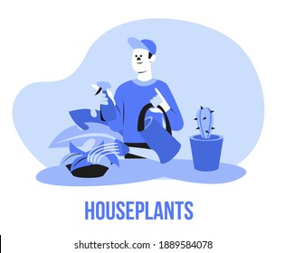 El hombre pasa su tiempo libre durante la cuarentena sentado en casa regando la planta