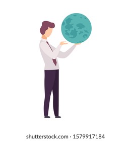 Man Spinning Around Globe in Planetarium Vector Illustration