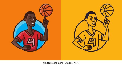 Man spinning ball on finger in different styles. Basketball concept art.