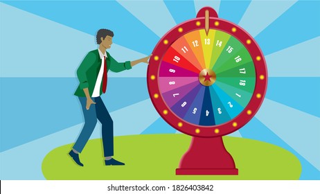 Man And Spinning Wheel. Dimension 16:9. Vector Illustration.