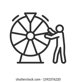 man spins the wheel of fortune, linear icon. Editable stroke