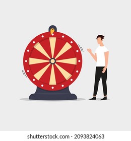 El hombre gira la rueda de la fortuna. Ilustración del vector