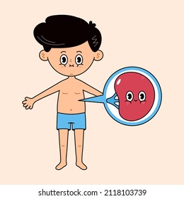 Man With Spleen Icon In A Bubble. Vector Hand Drawn Doodle Style Traditional Cartoon Vintage, Retro Character Illustration Icon Design. Cute Boy, Spleen,health,kids,mascot,adorable,child Character