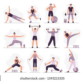 Man sport activities. Strong guy in sport outfit, athletic men trainings and healthy male workout vector illustration set. Different physical training exercises. Stretching, jogging and weight lifting