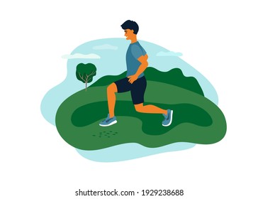 Man in sport clothes doing lunges exercise, training on fresh air. Outdoor physical activity, healthy lifestyle concept. Guy spends time on nature. Fitness workout, active leisure vector illustration