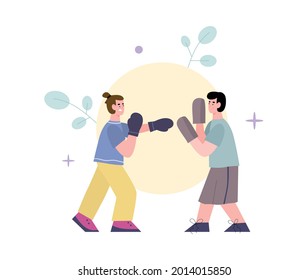 Man sport coach and male boxer are boxing in gym. Personal fight workouts with sparring partner and physical exercises for fighter. Flat cartoon vector isolated illustration.