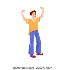 Man Sport Fan Character with Raised Hands Supporting Team Cheering at Stadium Vector Illustration