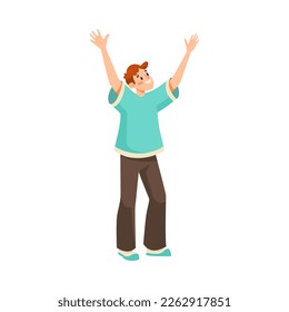 Man Sport Fan Character with Raised Hands Supporting Team Cheering at Stadium Vector Illustration