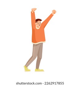 Man Sport Fan Character with Raised Hands Supporting Team Cheering at Stadium Vector Illustration