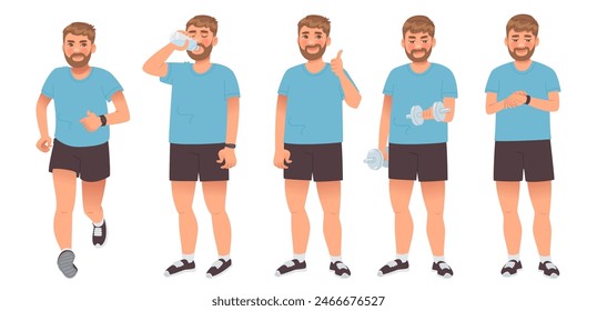 Man and sport. Guy runs, exercises in a gym, drinks water, and monitors his health indicators on a fitness bracelet. Vector illustration in cartoon style