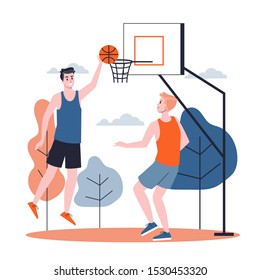 Man in the sport uniform playing basketball on the street. Sport game, outdoor activity. Isolated illustration in cartoon style