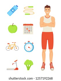 Man sportive person isolated icons. Smiling slim muscular guy with apple and bottle with water. Jumping rope, broccoli and timer for trainings vector