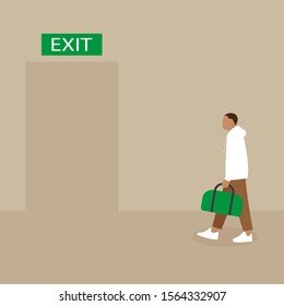 A man with a sports bag in hand goes to the door with the words "Exit"