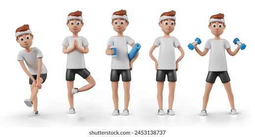 Man in sports clothes trains, rests, prepares for exercises. Set of vector illustrations