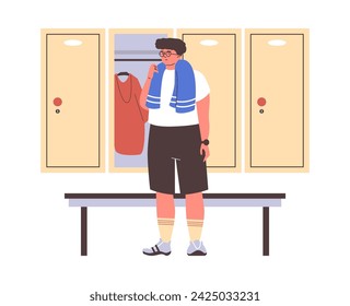 Man in sports locker room flapping towel. Athlete going to shower after training and takes a towel from locker, flat vector illustration isolated on white background.