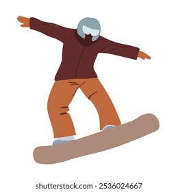 Ein Mann im Sport-Overall ist Snowboarden. Frau, Mann, der im Winter Outdoor-Aktivitäten betreibt. Saisonale Aktivitäten im Freien. Man in Brille gleitet auf dem Brett. 