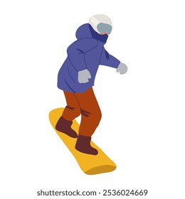 Ein Mann im Sport-Overall ist Snowboarden. Frau, Mann, der im Winter Outdoor-Aktivitäten betreibt. Saisonale Aktivitäten im Freien. Man in Brille gleitet auf dem Brett. 