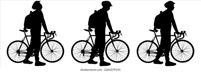 A man in a sports protective helmet and with a backpack on his back walks with a bicycle. The guys on a bike ride walk one after another. Side view. Three silhouettes, black color isolated on white