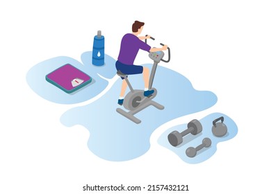 man sports with stationary bike workput with modern isometric style