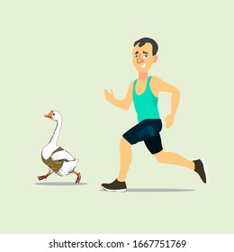 A man in a sports uniform leisurely runs with his friend a goose