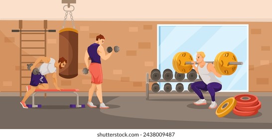 Man, sportsman exercises in fitness gym interior with big panoramic window. Inside barbell equipment and punching, boxing bag. Concept of gym interior for training exercises. Flat Vector illustration