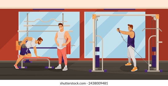 Man, sportsman exercises in gym interior with mirror, red walls, two lamps, panoramic window, dumbbell, barbell and fitness equipment. Vector illustration