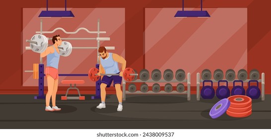 Man, sportsman exercises in gym interior with mirror, red walls, two lamps, panoramic window, dumbbell, barbell and fitness equipment. Vector illustration