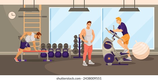 Man, sportsman exercises in gym interior with mirror, grey walls, three lamps, panoramic window, dumbbell, barbell, cycling and fitness equipment. Vector illustration