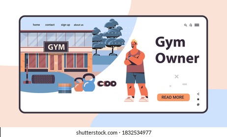 man in sportswear with different tools standing near gym building fitness training healthy lifestyle concept horizontal full length copy space vector illustration