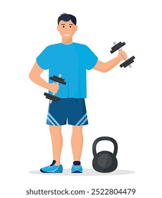 Man in sportswear with dumbbells. Healthy lifestyle and sport concept. Vector illustration.