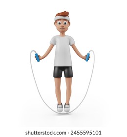 Man in sportswear is jumping rope. Male character in motion. Guy does sports