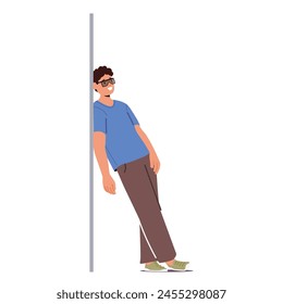 Man In Sportswear Leaning Against A Wall With Sunglasses On. He Is Wearing A T-shirt And Pants. Young Male Character Standing in Relaxed Pose, Waiting or Posing. Cartoon People Vector Illustration