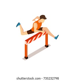 Man in sportswear participate in running with obstacles isolated isometric 3d vector illustration on white background. Professional sportsman does exercise.