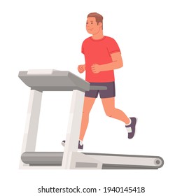 Man in sportswear runs on a treadmill on a white background. Cardio workout. Vector illustration in flat style