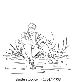 Man in sportswear sits on the ground. Hand drawn outline illustration, vector sketch