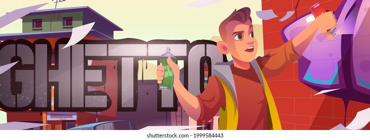 Man with spray draws graffiti on brick wall in ghetto area. Vector cartoon banner, cityscape with poor dirty houses and teenager painting on building. Street art culture in old neighborhood