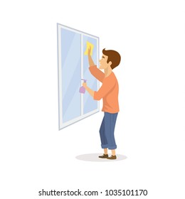 man spraying cleaning windows isolated vector illustration