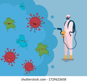 Man spraying covid 19 virus with protective suit design, Disinfects clean antibacterial and hygiene theme Vector illustration